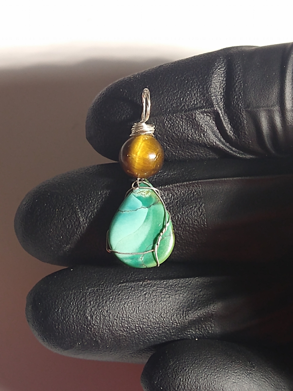Turquoise and Tiger's Eye Wire-Wrapped Pendant Necklace